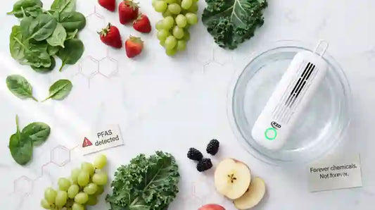 KSD Cleaner™ electrolytic food purifier removing PFAS forever chemical  residues from spinach, strawberries and grapes on a marble surface