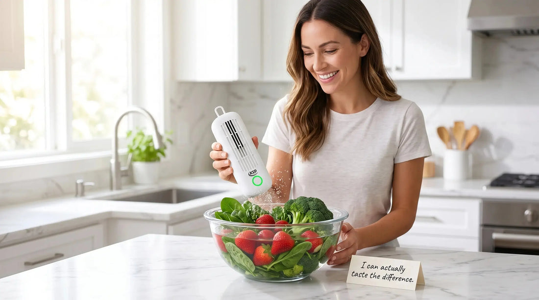 Woman using KSD Cleaner™ electrolytic food purifier to remove pesticides  from fresh strawberries, spinach and broccoli in a glass bowl