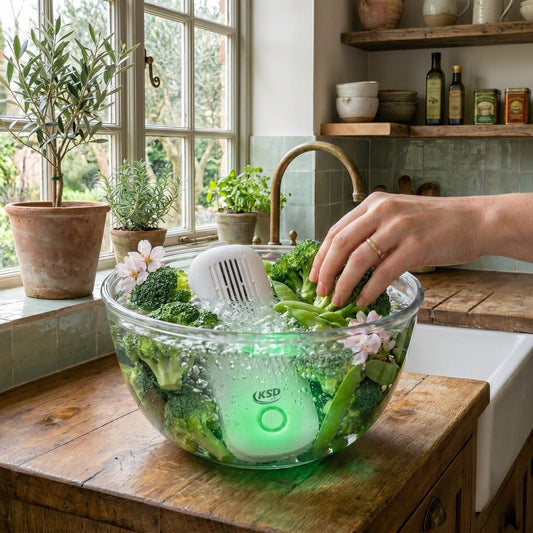 KSD Cleaner running in a bowl of water with broccoli and green vegetables — produce cleaner machine