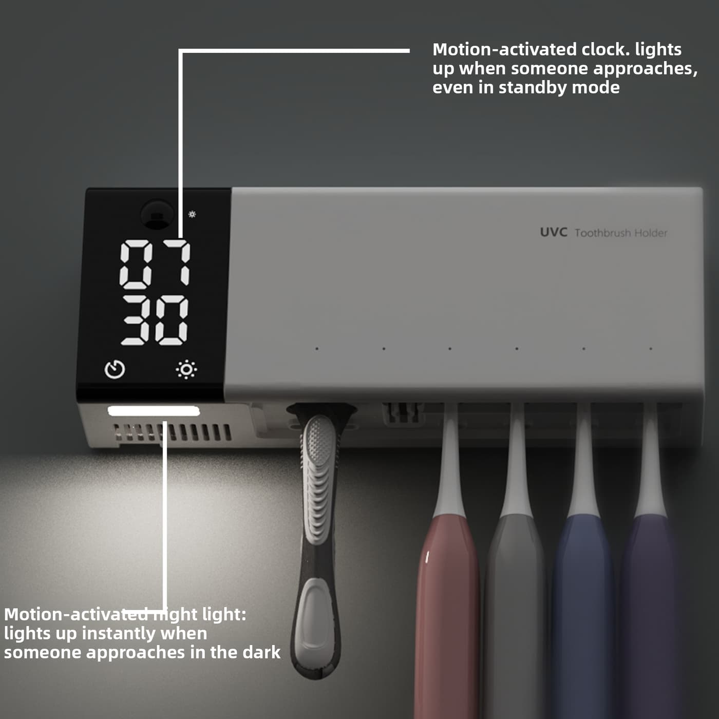 UV-C sterilizer holding toothbrushes - eliminates 99.99% of bacteria