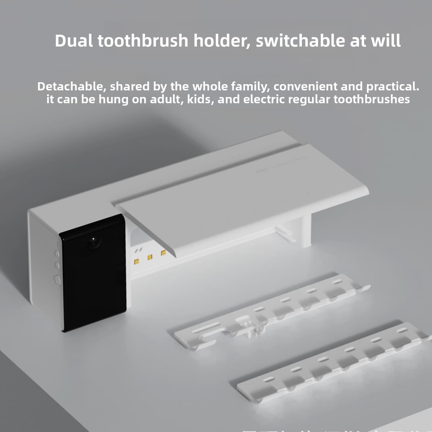 Dual interchangeable holder - 4 toothbrushes plus razor and interdental brush slots