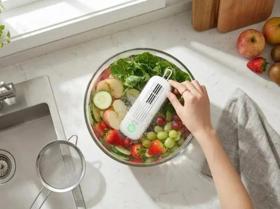 KSD Cleaner immergé dans l'eau, éliminant les résidus de pesticides sur des fruits et légumes par électrolyse