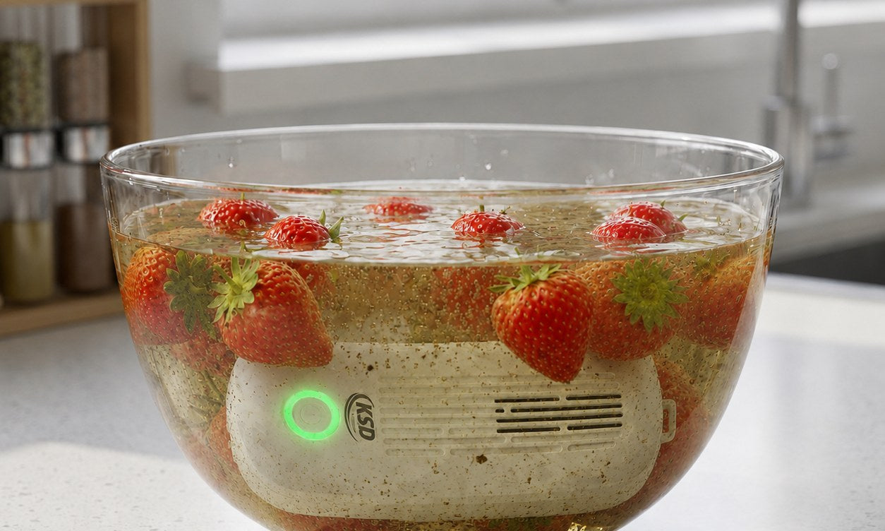 Fraises après nettoyage avec le KSD Cleaner, impuretés extraites visibles dans l'eau