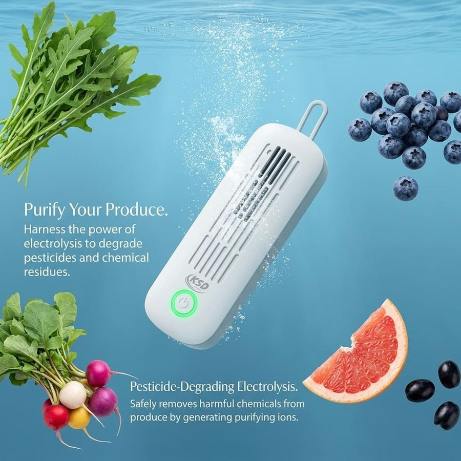KSD Cleaner submerged in water eliminates pesticides and chemical residues from fruits and vegetables using electrolysis, surrounded by arugula, colorful radishes, blueberries, grapefruit and black olives