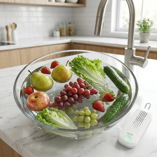 Ajout de fruits et légumes frais dans le bol d'eau avant le cycle KSD Cleaner