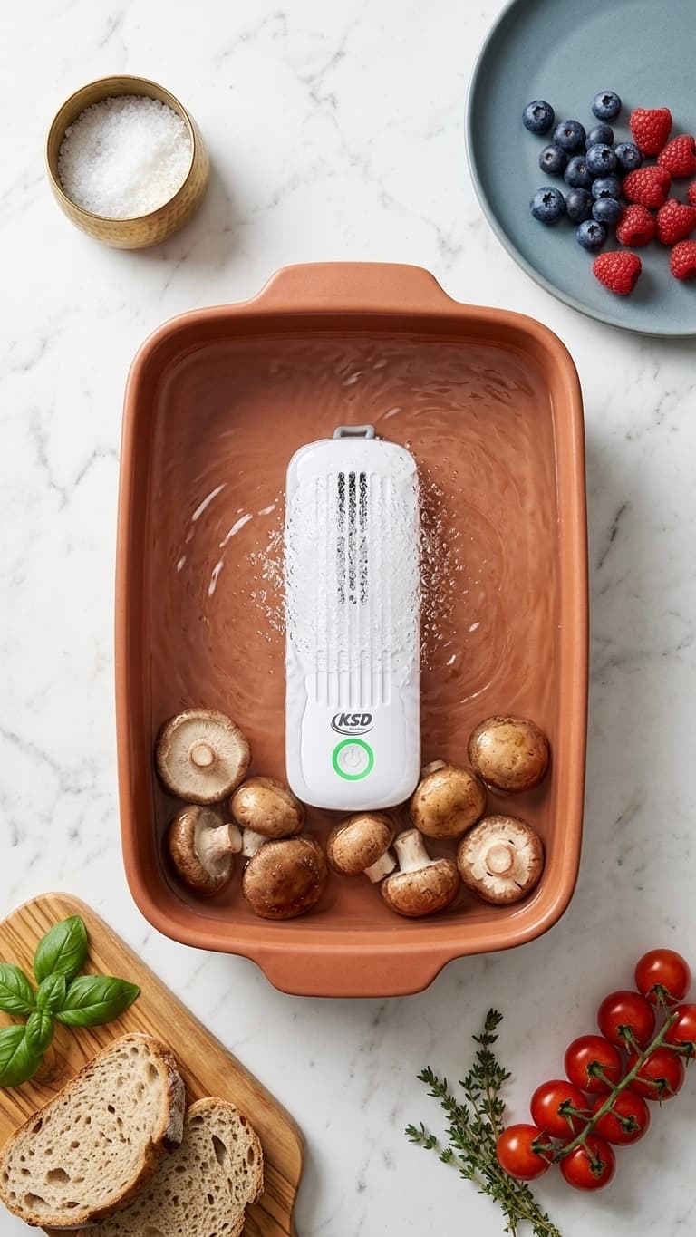 KSD Cleaner eliminates pesticides from mushrooms in a water bath using electrolysis, surrounded by cherry tomatoes, raspberries, blueberries and fresh basil on white marble